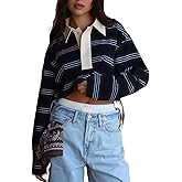 Faretumiya Women Striped Polo Sweatshirt Long Sleeve Rugby Shirt Oversized Collar Y2k Pullover Casual Loose Streetwear