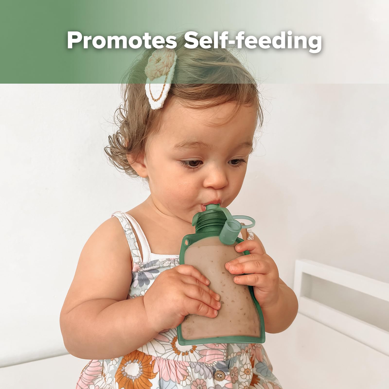 haakaa Silicone Refillable Squeezy Baby Food Yummy Pouch Homemade Organic Food for Babies/Toddlers/Kids, 2 Pack 4 oz, Pea Green