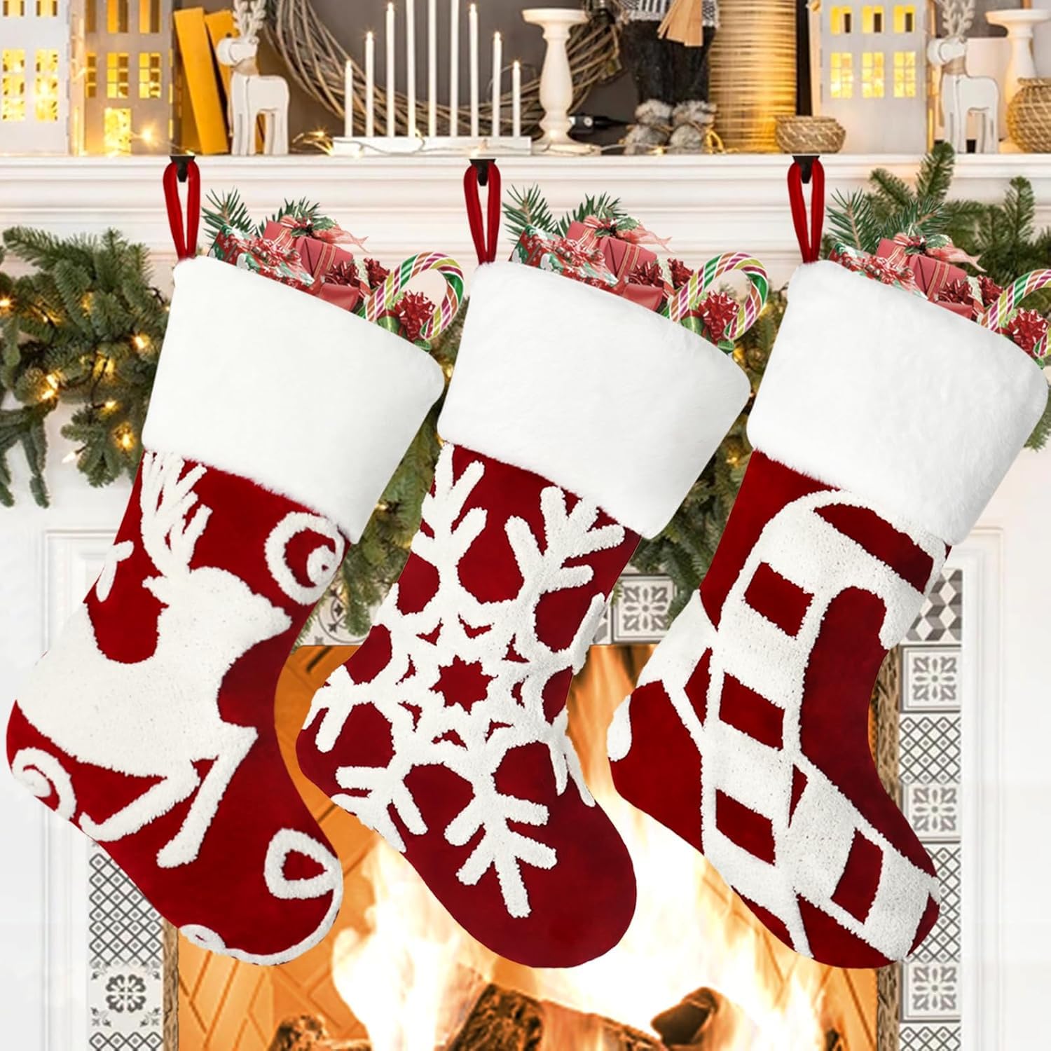 Weldomcor Christmas Stockings Set of 3, 18 Inch Large Xmas Stockings Fireplace Embroidered Reindeer Snowflake Hanging Sock Gift Bag Rustic Stocking for Family Holiday Xmas Party Decorations