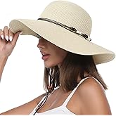 Creekstone Womens Floppy Straw Sun Hat Wide Brim UPF 50 Sun Protection Packable Summer Beach Hats with Wind Lanyard