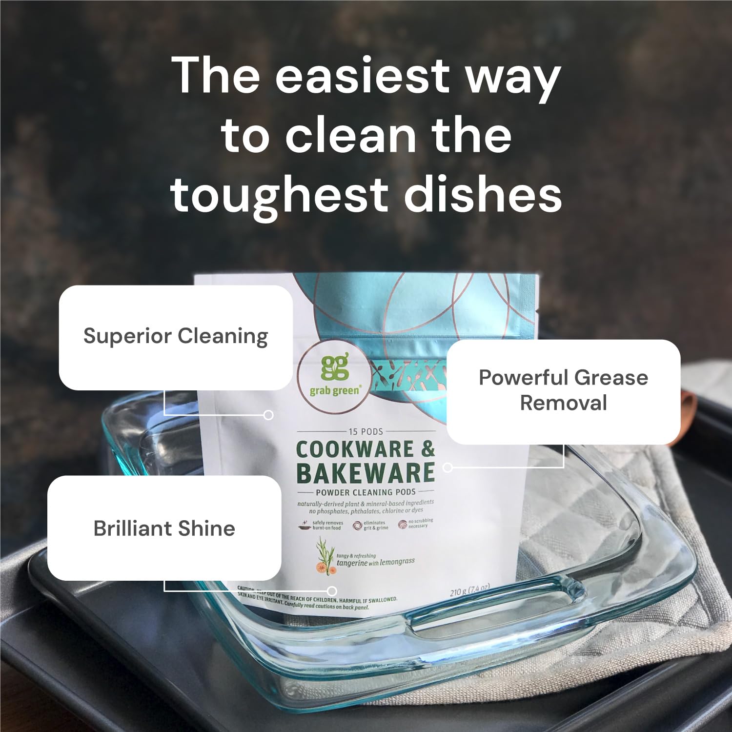 Grab Green Cookware and Bakeware Cleaner Pods, 60 Pods, Tangerine Lemongrass Scent, Plant and Mineral Based, Removes Burnt-On Food, Eliminates Stains