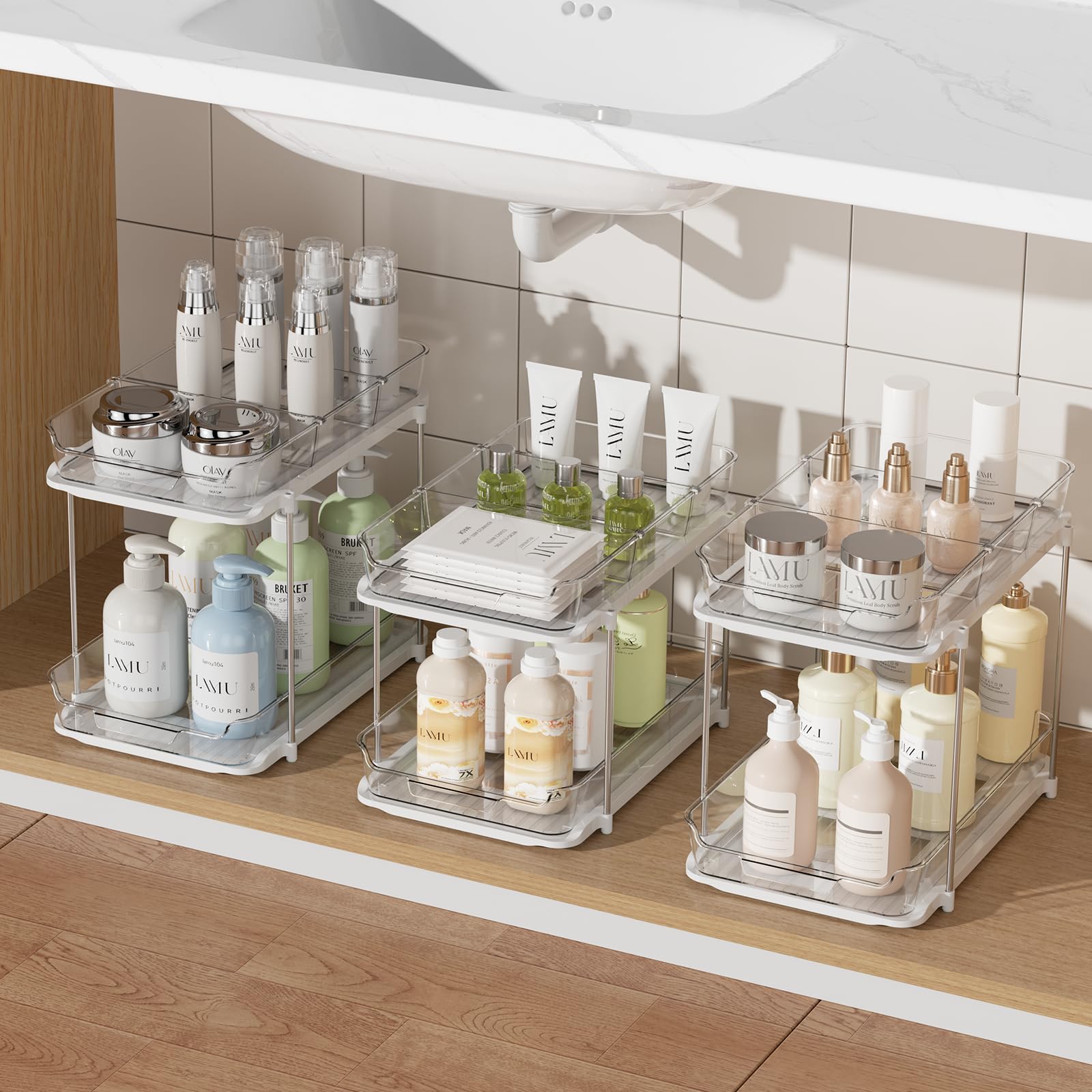 Delamu 3 Pack 2-Tier Bathroom Under Sink Organizers and Storage, Multi-Purpose Stackable Pantry Organization and Storage, Pull Out Clear Kitchen Bathroom Cabinet Organizer with Movable Dividers, White Image