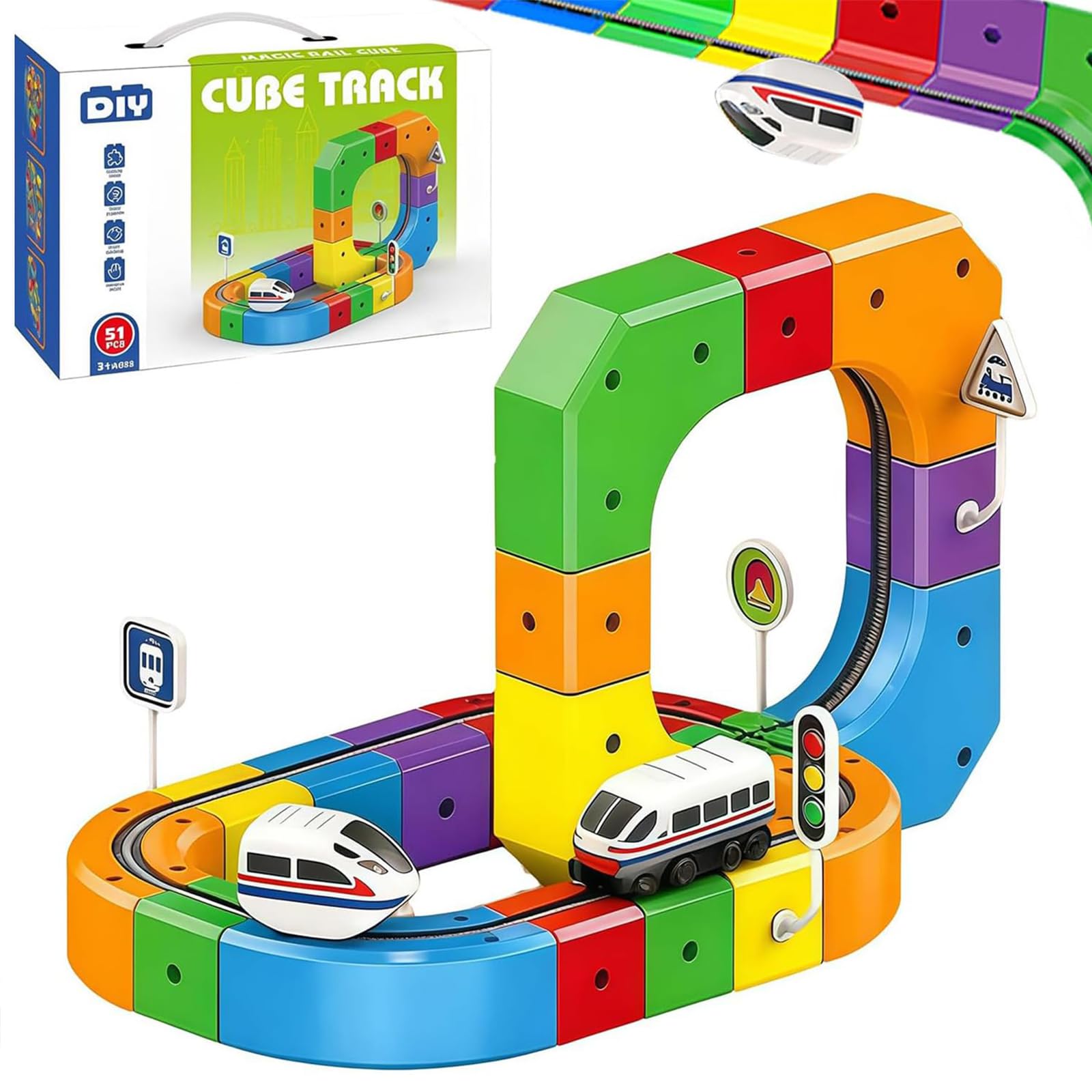 Clickrail Electric Train Set, Track Fusion Train Toy, Magic Rail Cube Train Set, with Gravity-Defying Motorized Train, DIY Cube Track, Flexible Race 3D Building Tracks (51pcs)