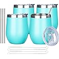 MEZMUT 12 Oz Insulated Wine Tumbler with Lid Double Wall Vacuum Stainless Steel Wine Glass Coffee Mug Insulated Tumbler Cup for Champaign, Cocktail, Beer (Teal, 4 Pack)