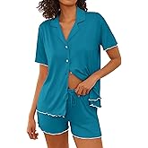 Ekouaer Womens Pajama Sets Button Up Bride Pjs Set 2 Piece Soft Sleepwear Short Sleeve Lounge Sets with Shorts, S-XXL