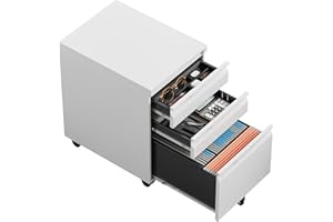 Kooyon Locking File Cabinet 3 Drawers on Wheels Under Desk, Metal Filing Cabinets for Home Office, A4, Letter-Size Files, Hanging File Folders-White