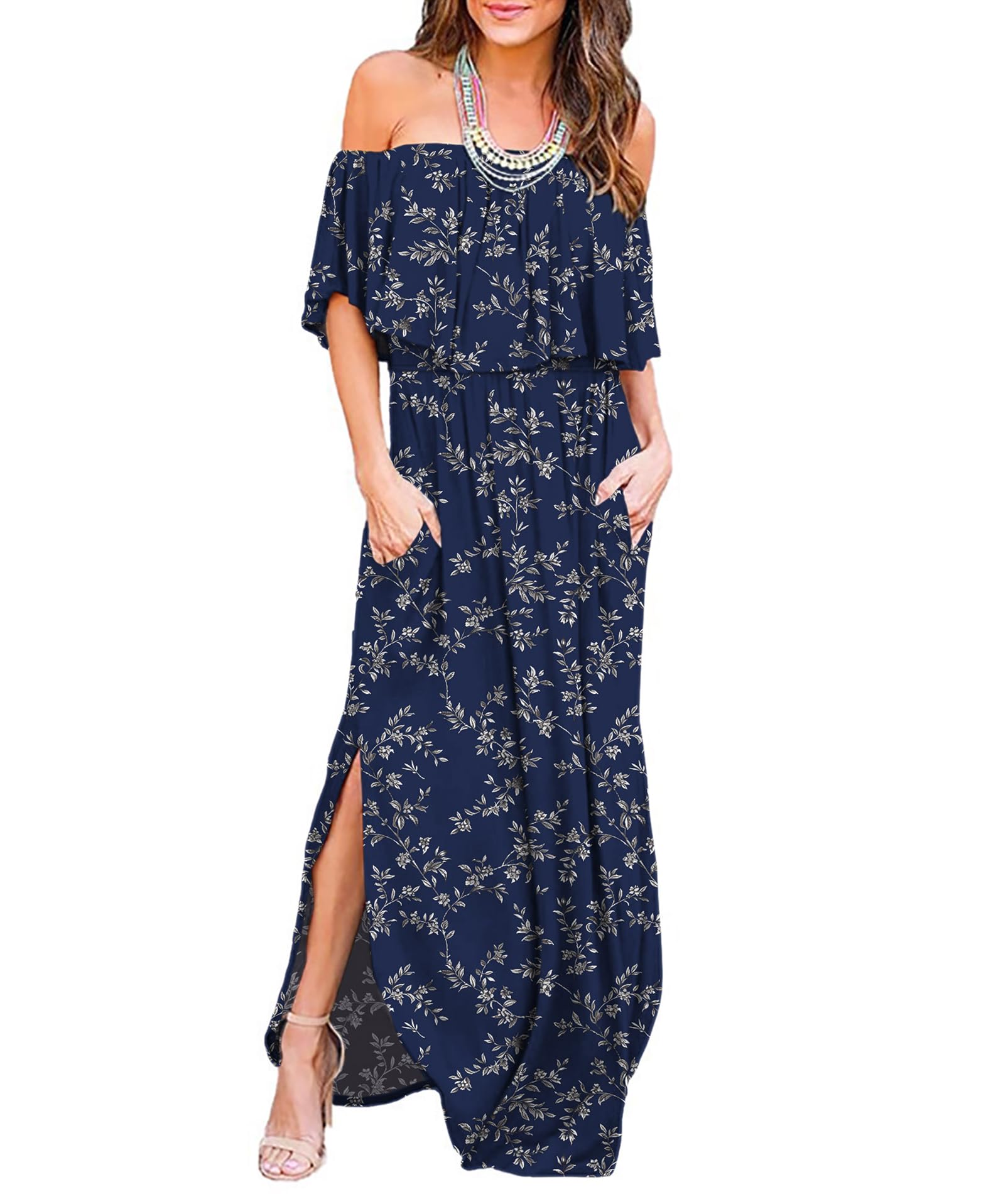 Photo 1 of LILBETTER Womens Off The Shoulder Ruffle Party Dresses Side Split Beach Maxi Dress(Navy Blue Leaves Medium)