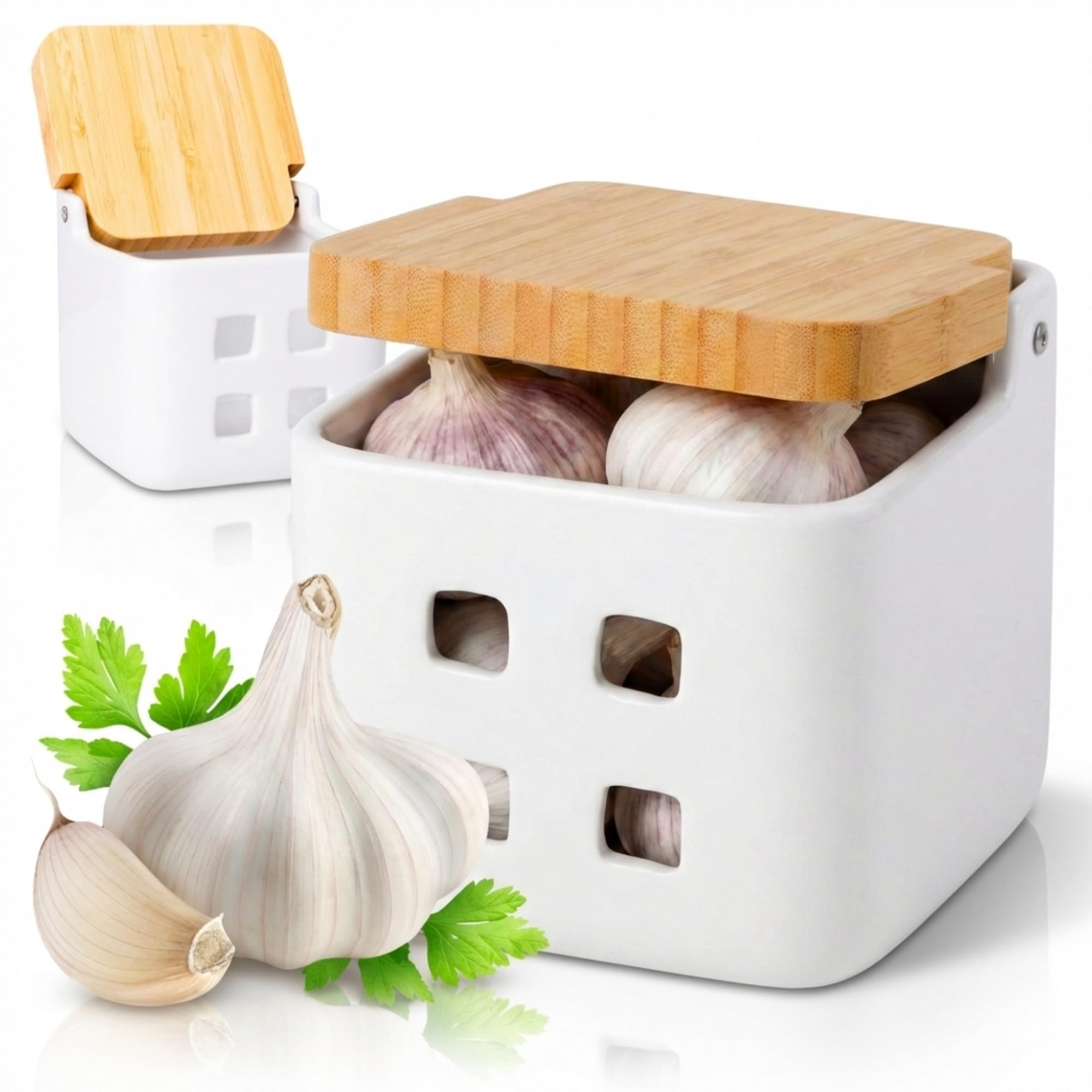 KOOK TIME Ceramic Garlic Keeper with Bamboo Swivel Lid | Garlic Storage Pot with Ventilation Holes for Freshness | Shiny white and Natural Bamboo, 11.5 x 11.5 x 11.5 cm — image 1
