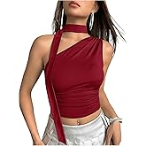 SweatyRocks Women's Y2k Off The Shoulder Crop Top Sleeveless Ruched Slim Fitted Tops with Scarf Going Out