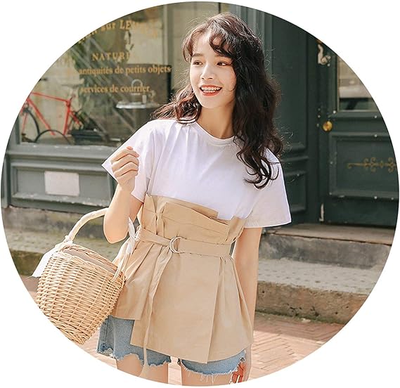 Amazon Co Jp 19年夏の新しい韓国の気質野生のツーピースベルトウエストパーソナライズステッチ薄いtシャツのシャツの女性 服 ファッション小物