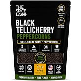 The Spice Lab Black Tellicherry Peppercorns for Grinder, 1 lb Bag | Steam Sterilized Kosher Non-GMO All Natural Black Pepper