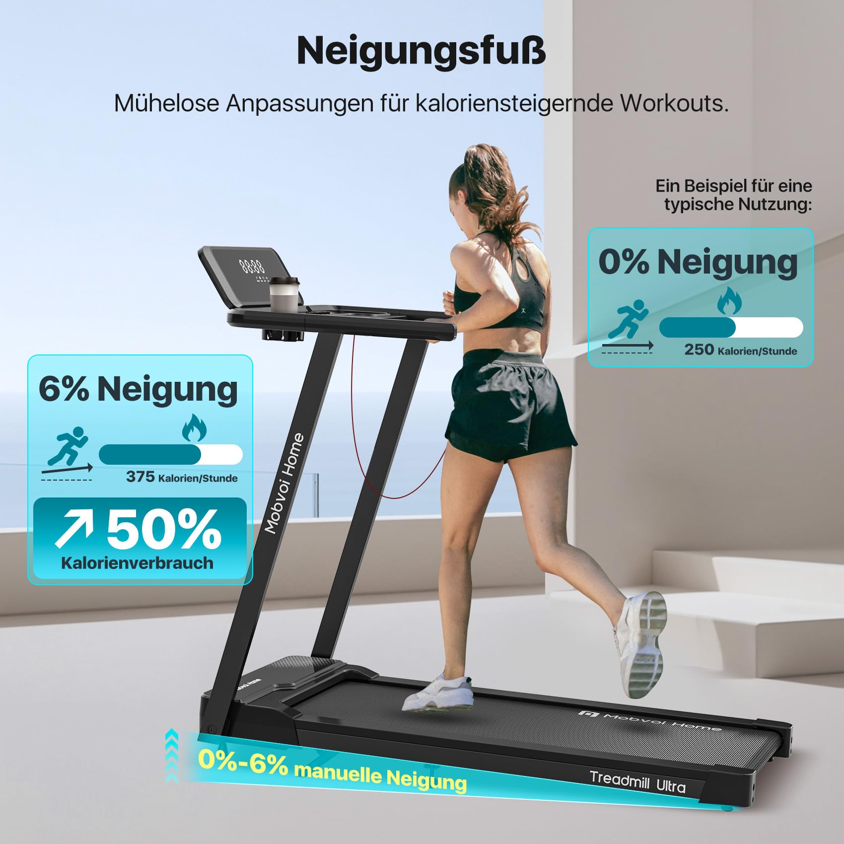 Mobvoi Home Laufband Ultra Intelligente KI 3-in-1 Gehpad mit 6% Steigung 2,5 PS Laufband zum Gehen und Laufen Halterung für Tasse Telefon Laptop Große Lauffläche TicSports Zwift Kinomap 12km/h 120kg 6