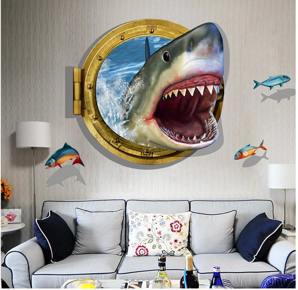 Large Blue Sky 3D Self-adhesive Removable Break Through the Wall Vinyl Wall Sticker/Mural Art Decals Decorator (Shark Mouth (60 x 90cm))