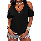Eurivicy Women's Summer Cold Shoulder T-Shirt Casual Short Sleeve V Neck Blouse Top