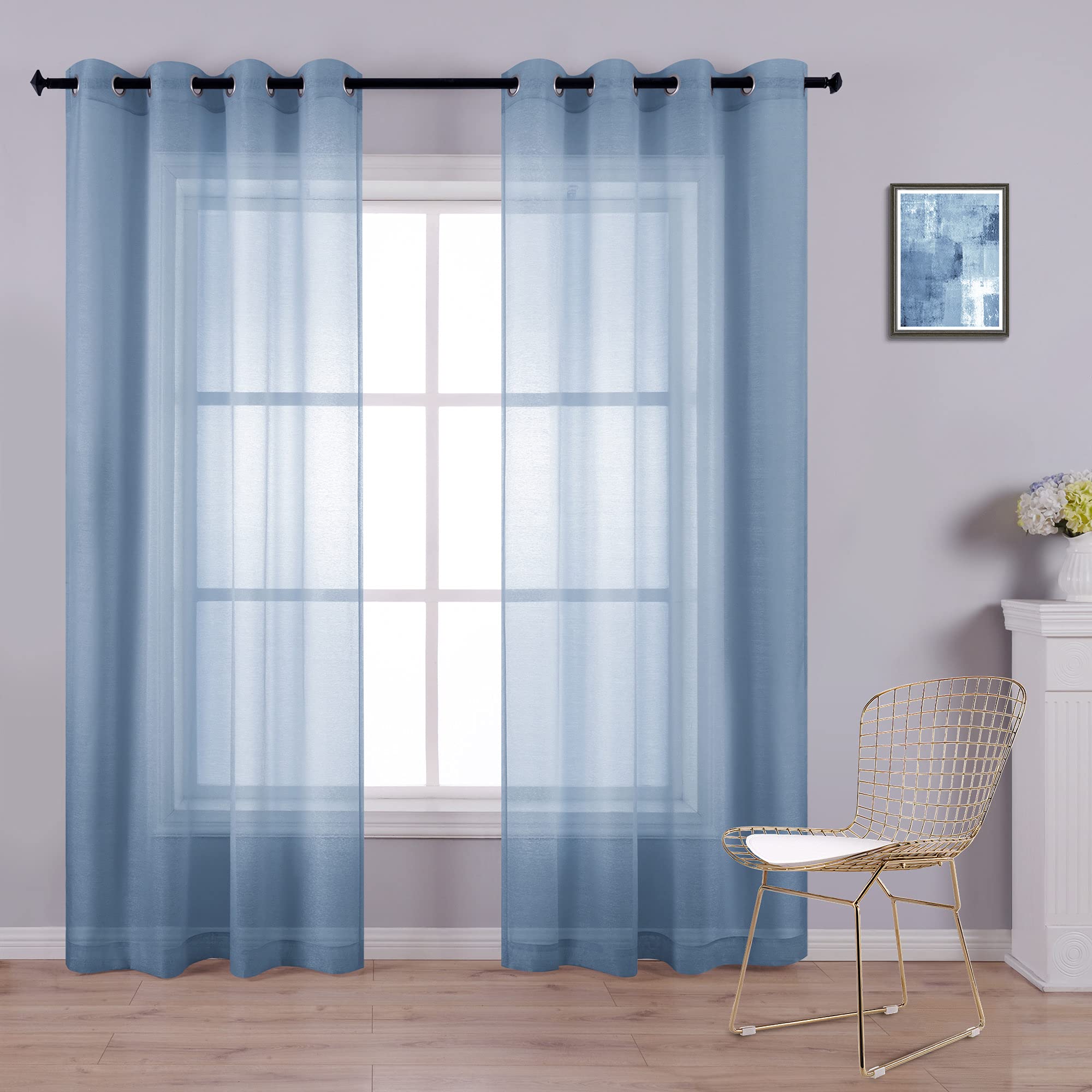 KOUFALL Faux Linen Eyelet Curtains 2 Panels 52 x 96 Dusty Blue