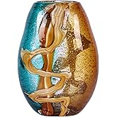 PlivBloom Teal Glass Vase,Hand Blown Green Flower Bulk,Murano Glass Vases,Unique Table Decor, Flowers with Decorative,Teal Vase Decor,for Bookshelf,Living Room,Office,Gift (M)