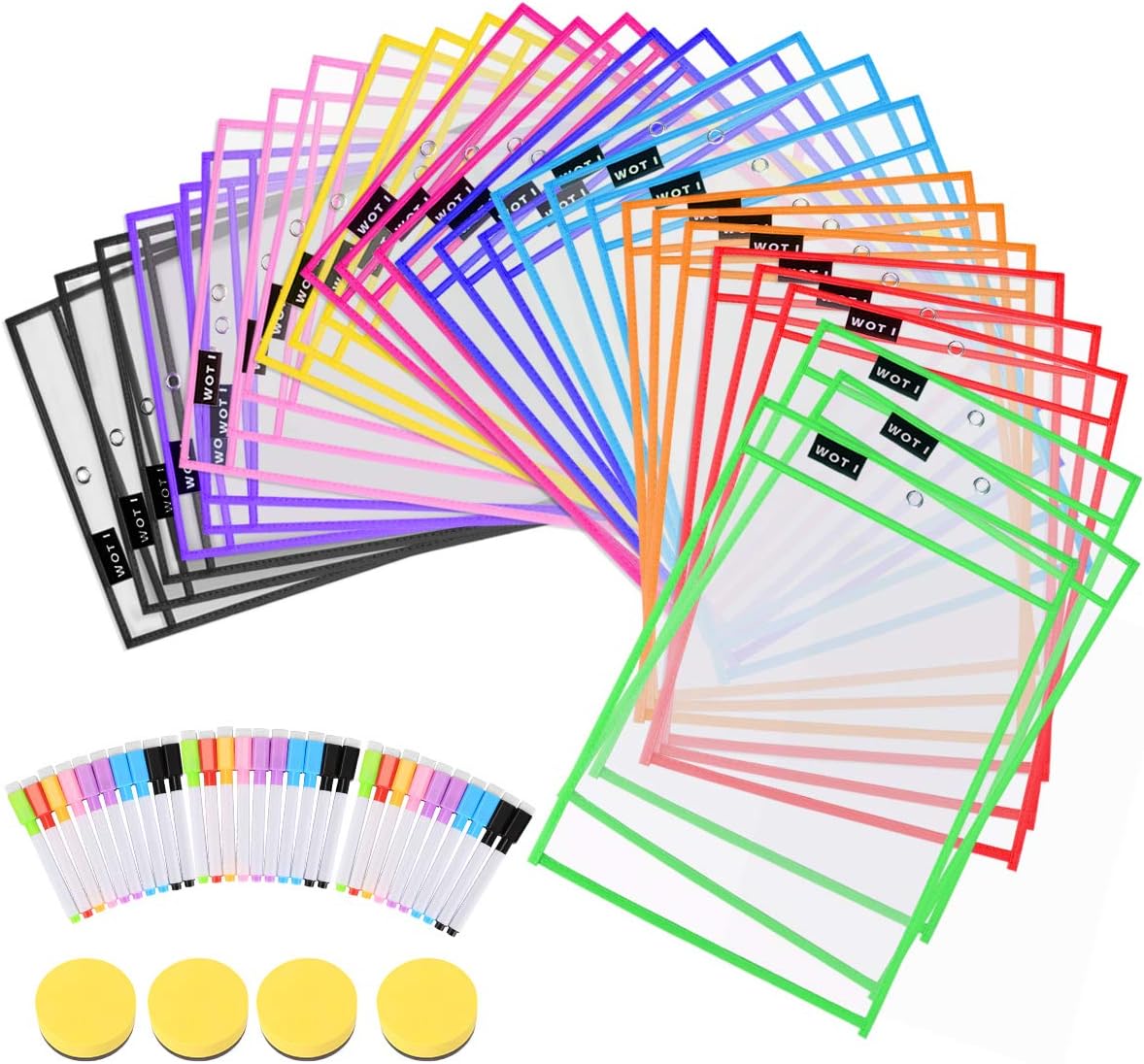 Dry Erase Pockets 30 Set Dry Erase Sleeves Oversized 10 x 14 Inches Teacher-Supplies- for-Classroom-Reusable-Dry-Erase-Pockets-Sleeves Assorted Colors WOT I (30 Set) : Office Products
