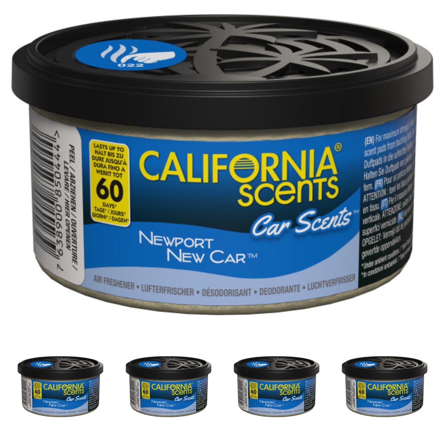 California Scents CCS-422TR Air Freshener, New Car Car Scents (Pack of 4) Long Lasting Refreshing Fragrance, Environmentally Friendly, Light Weight Organic Product Recyclable, Adjustable Vented Lid