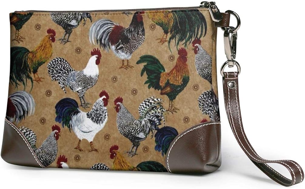 Rooster And Chicken Print Printed Clutch Purse Detachable Leather