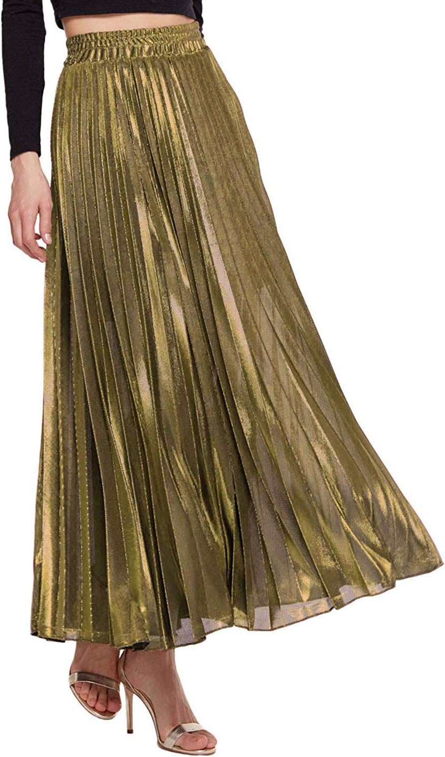 KENANCY Women's Metallic Shiny Accordion Pleated Long Maxi Party Skirt