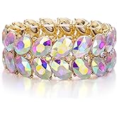 BriLove Wedding Bridal Elegant Crystal Double Row Teardrop Rhinestones Cluster Stretch Bangle Bracelet for Bride