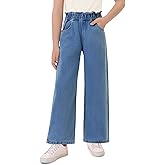 Haloumoning Girls Cute Wide Leg Flared Jeans Kids Oversized Elastic Waist Paper Bag Pants with Pockets 5-14 Years