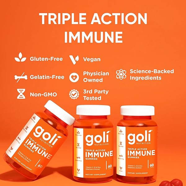 GOLI IMMUNE VITAMIN GUMMY – 60 COUNT – ELDERBERRY, VITAMIN C, D & ZINC, VEGAN, NON-GMO, GLUTEN-FREE & GELATIN-FREE, PACK OF 1