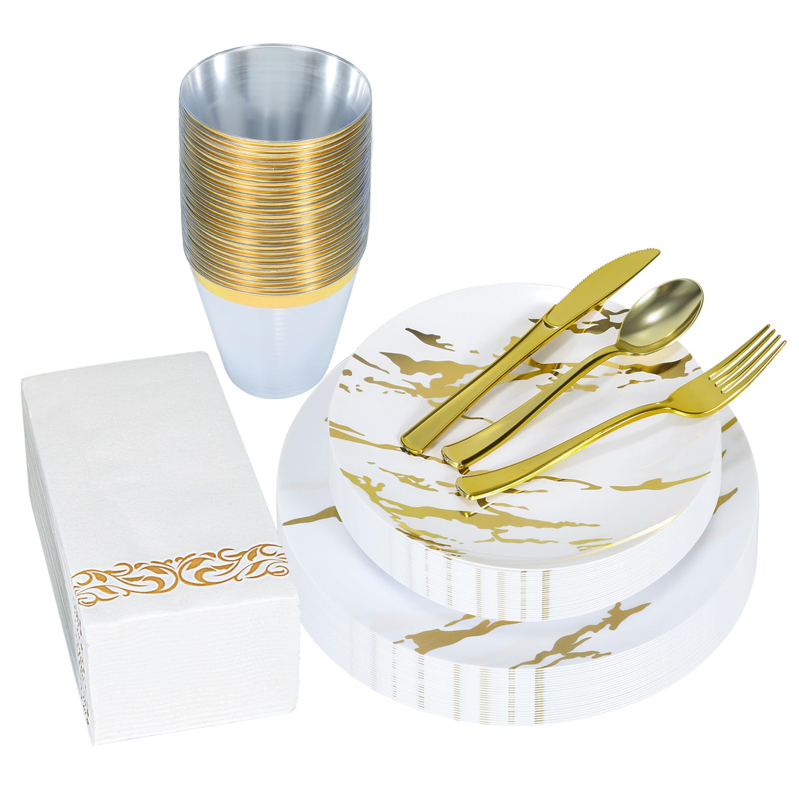 Photo 1 of 175pcs Gold Plastic Dinnerware Set – Elegant Disposable Plates, Cups, Utensils & Napkins for Wedding, Party, Birthday, Graduation
