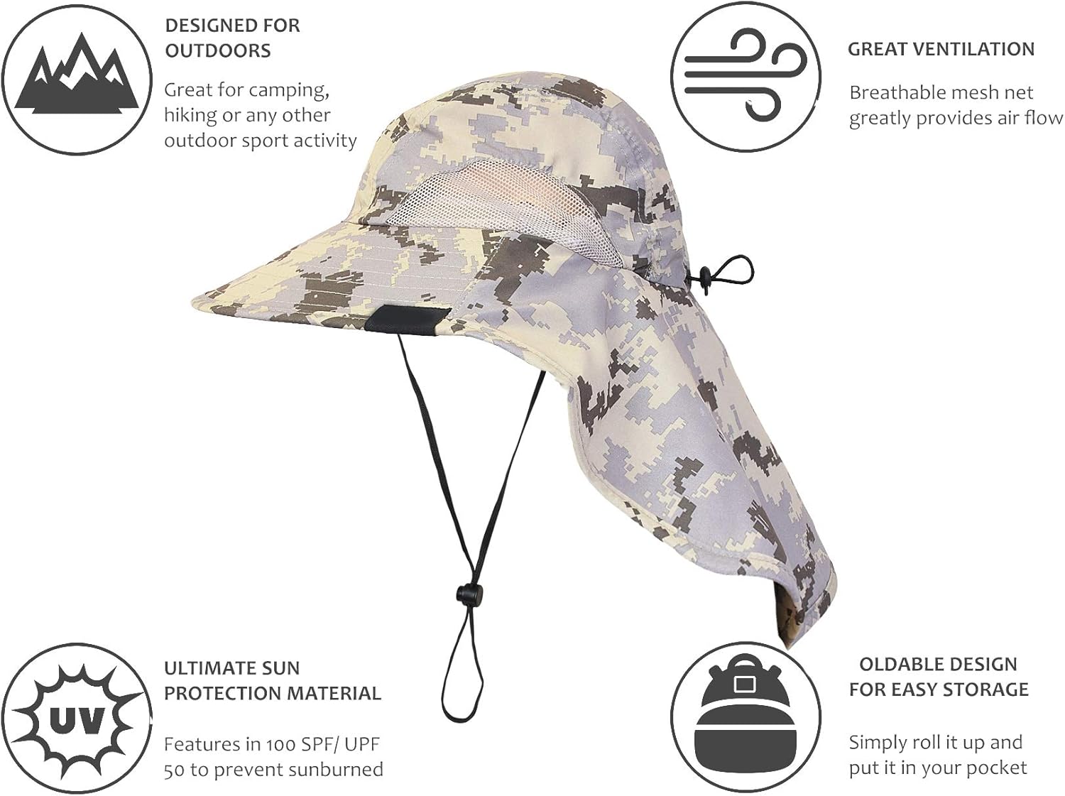 Mens Wide Brim Sun Hat with Neck Flap Fishing Safari Cap for Outdoor Hiking Camping Gardening Lawn Field Work, Grey: Clothing