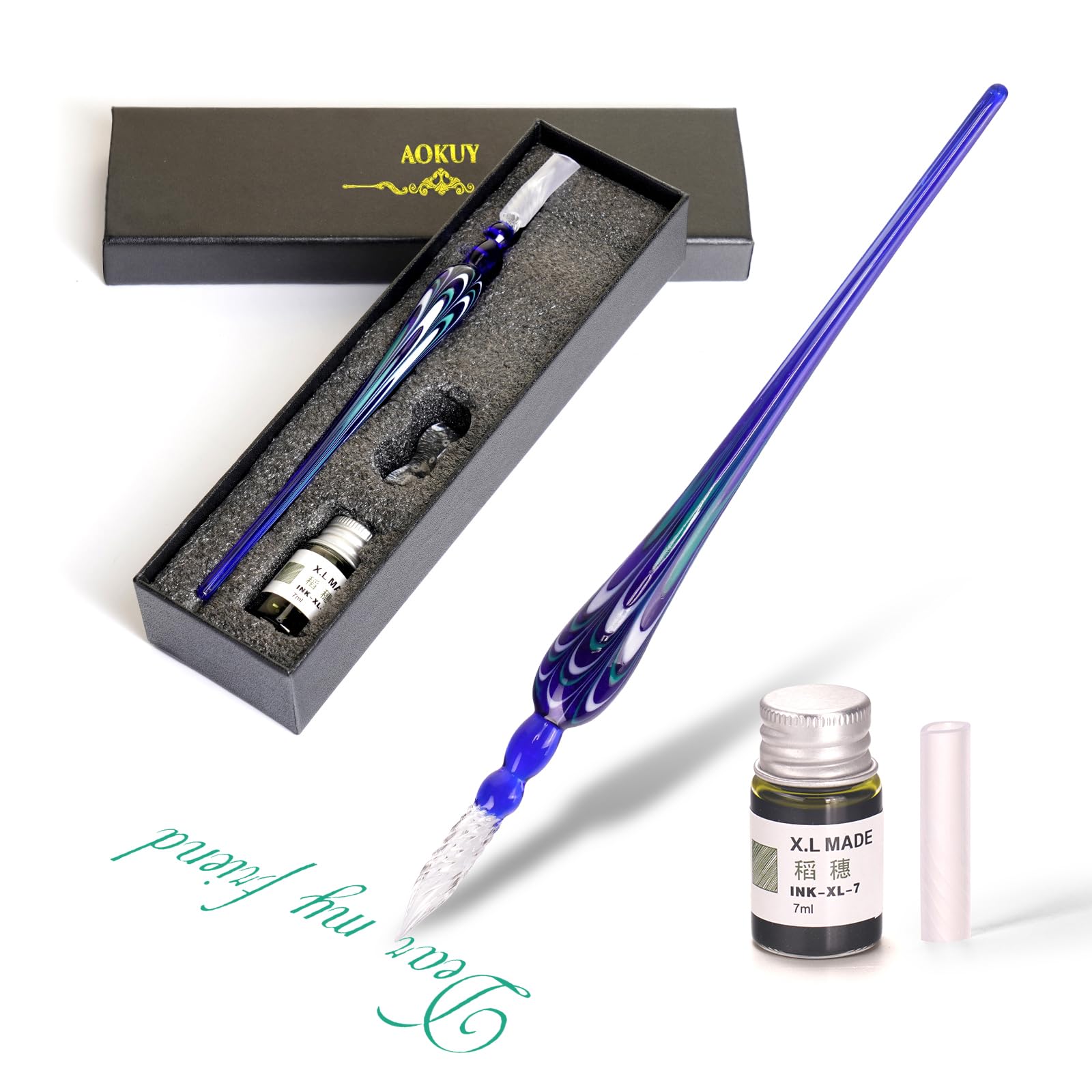 AOKUY Glass Dip Pen Set,Calligraphy Pen,Crystal Signature Pen for Art, Writing, Signatures -Decoration and Business Gift