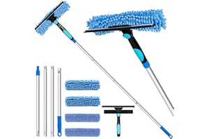 TIMIVO Professional 72'' Window Squeegee Cleaning Washing Tool/Kit with Extension Pole, 3 in 1 Squeegee for Window Cleaning Kit for High Window with 1 Rotatable Head 4 Interchangeable Scrubber