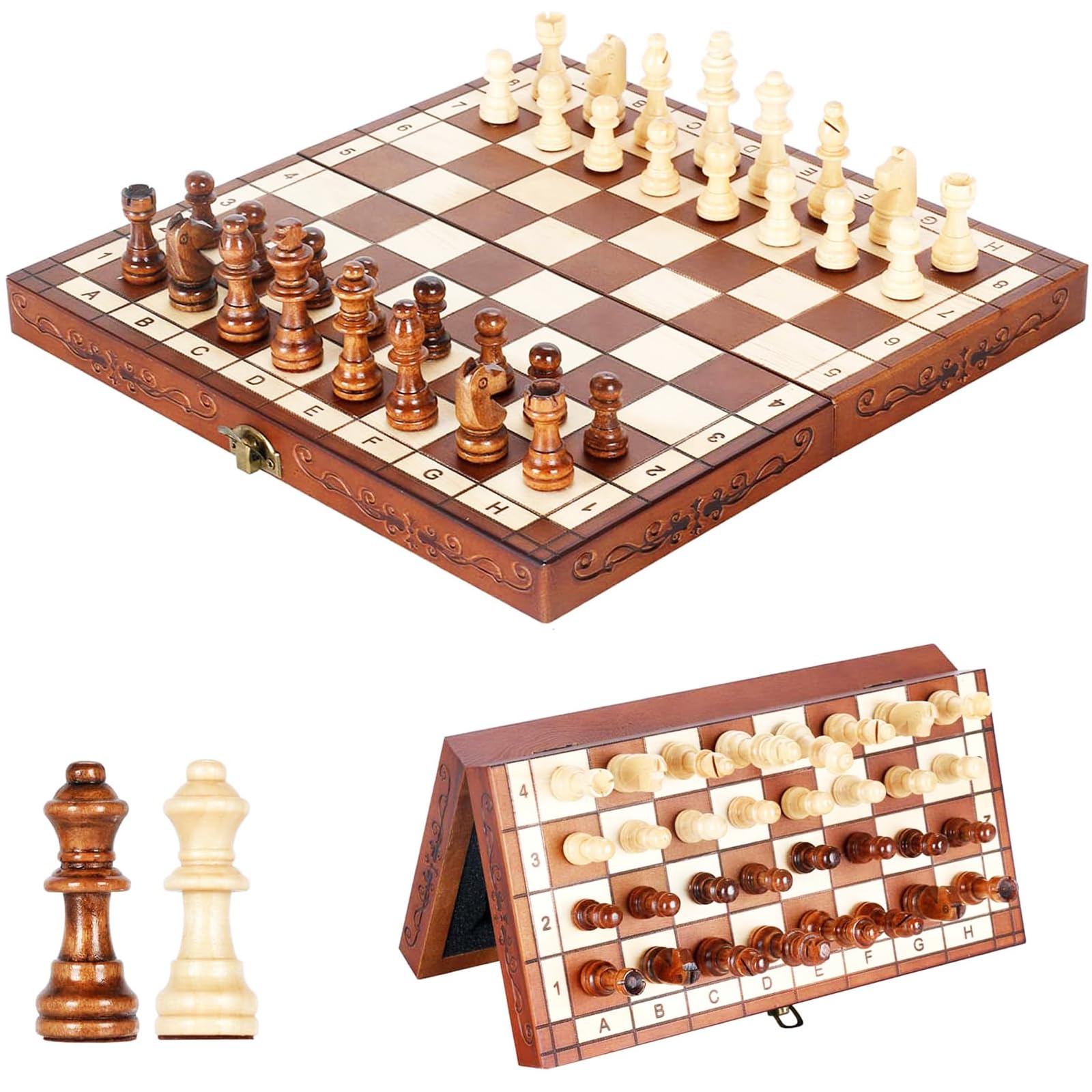 Syrace Magnetic Chess Set Board Games, Wooden Folding Hand Crafted Portable Travel Chess Board Game Sets with Game Pieces & Storage Slots For 2 players