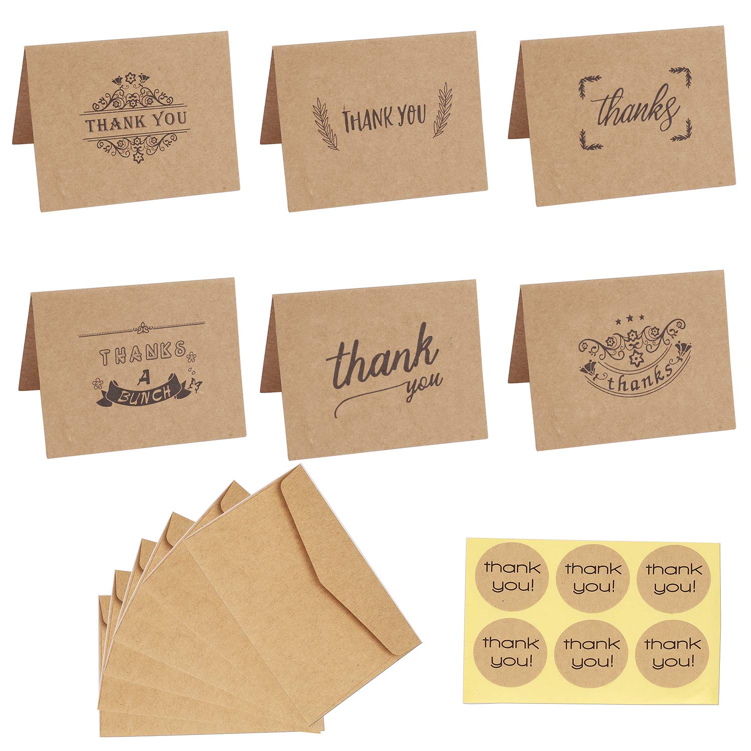 Thank You Cards 6 Designs Brown Kraft Paper Thank U Greeting Note Card with Envelopes and Stickers for Graduation, Business, Wedding, Baby Shower and Mother's Day 36 Pack