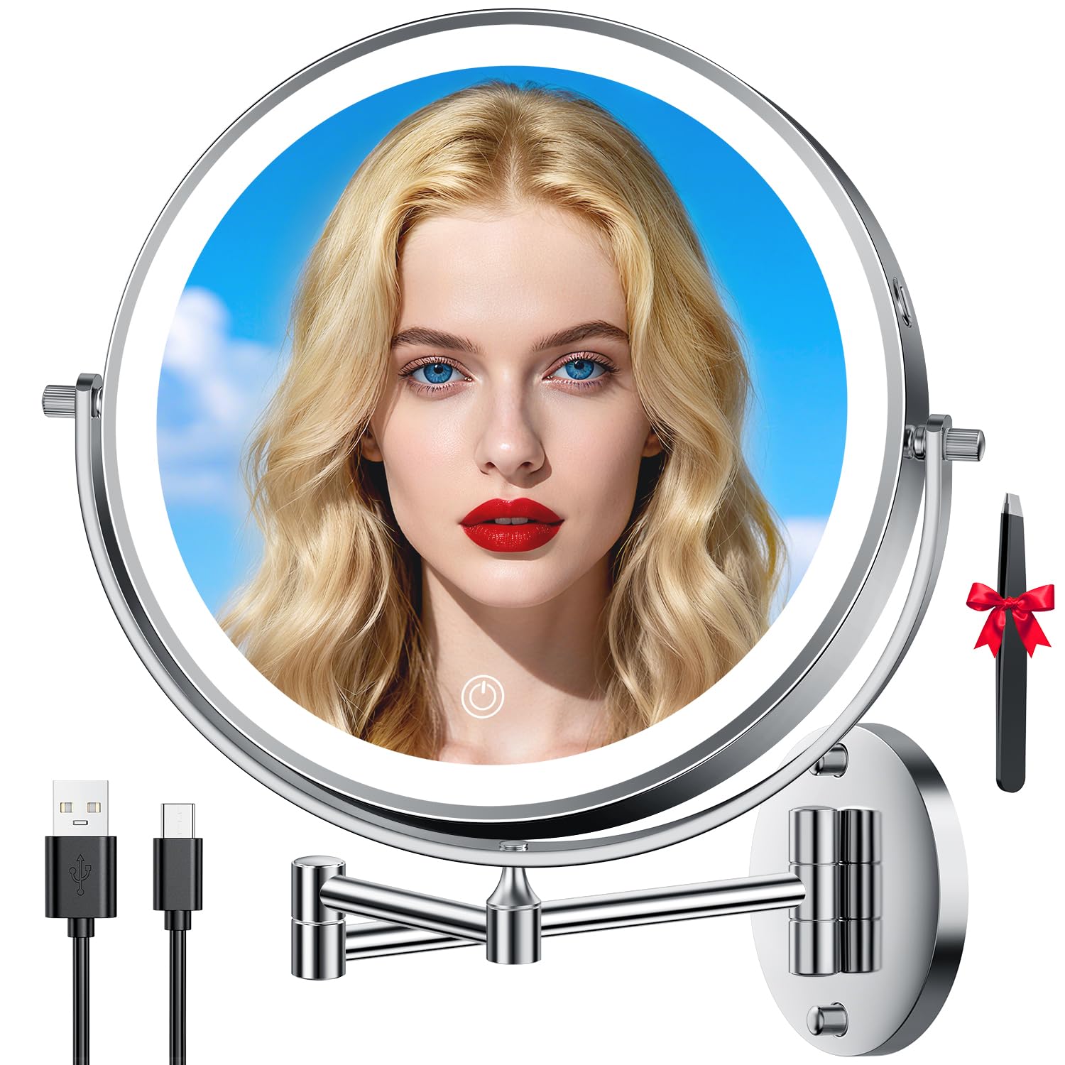 Photo 1 of 10'' 30X/1X Wall Mounted Lighted Makeup Mirror, 5000mAh Rechargeable Double-Sided Magnifying Mirror with Light, LED Vanity Mirror Touch Dimmable 3 Colors 360° Rotation Extended Foldable Arm, Chrome