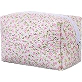 Nogeqi Pink Quilted Cosmetic Bag, Cute Makeup Pouch, Aesthetic Floral Makeup Bag Toiletry Bags for Travel Women Friend Sister Bridesmaid