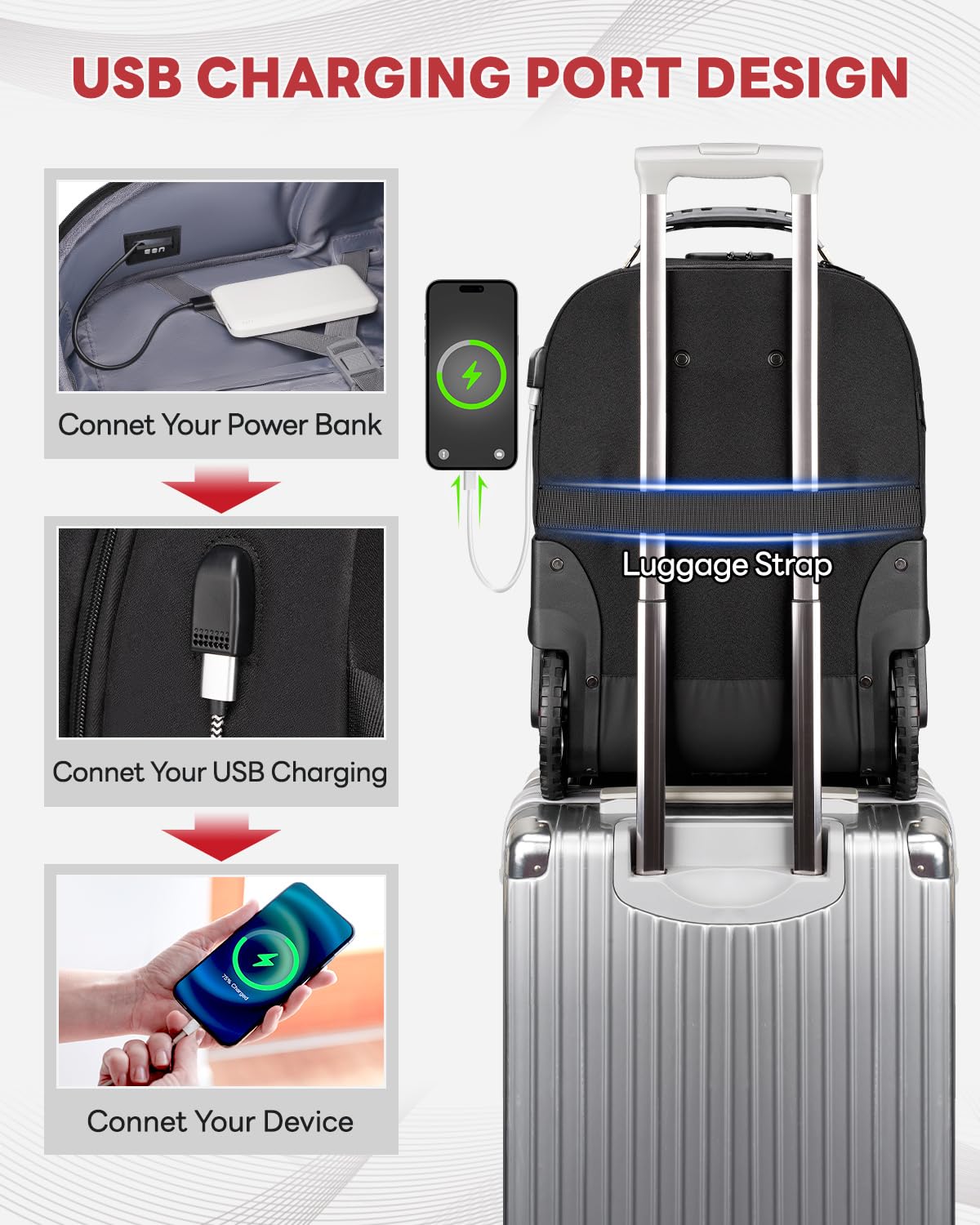 MATEIN Rolling Bag with Wheels, 17 Inch Extra Large Laptop Roller Backpack for Adults with Anti Theft Lock & USB Charging Port, Water Resistant Wheeled Bag Carry On Luggage for Teacher Work Travel Men