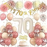 Froova 70th Birthday Decorations for Women Dusty Blush Pink Birthday Balloons Happy 70th Banner Cake Toppers Pom Poms Retro Rose Gold Number 70 Balloon for 70 Year Old Bday Party Decoration Supplies