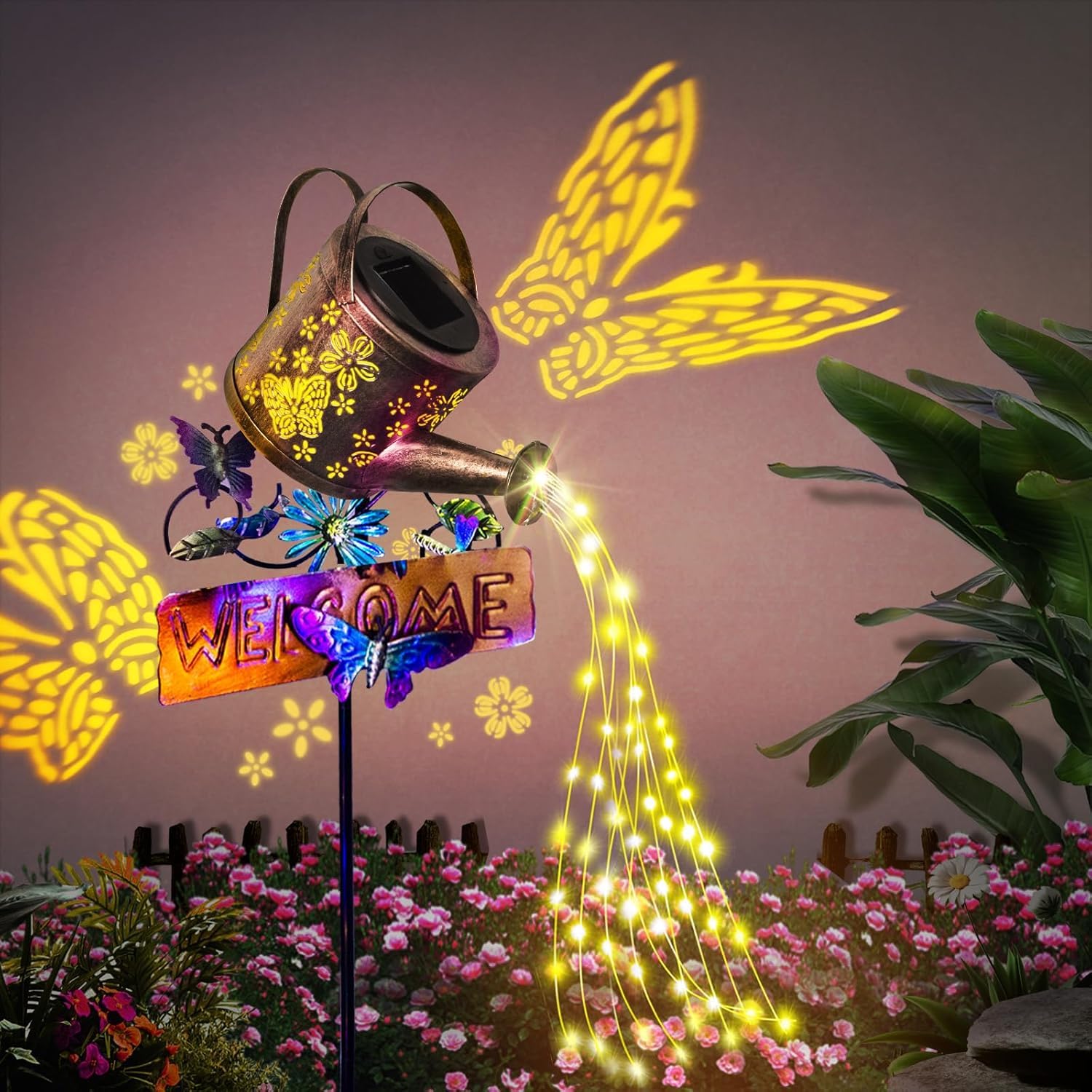 GLOBAL GOLDEN Solar Watering Can Light, LED Solar String Lights Waterproof Dual Mode Water Can Lights for Garden Patio Yard Pathway Lantern Plant Decoration (Butterfly) — image 1