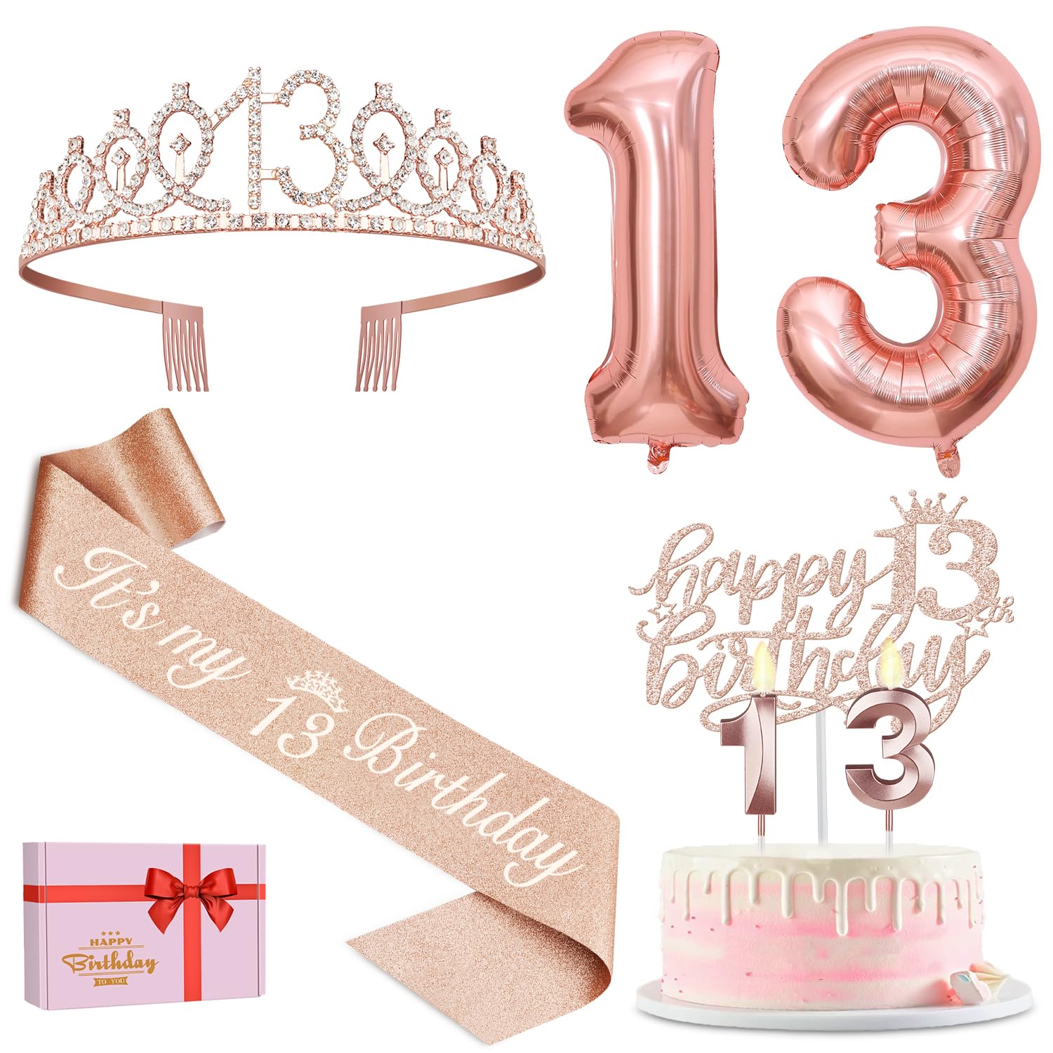 13th Birthday Decorations Girls, Including 13th Birthday Sash and Tiara, Cake Topper and Candles, Rose Gold Number Balloons, 13 Year Old Gifts for Girls