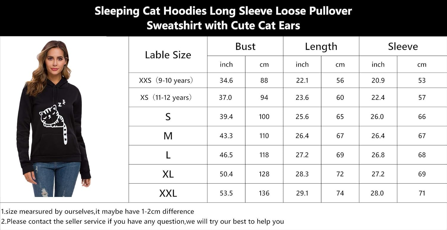 Women Teen Girls Cat Hoodie Sweatshirt Cute Cat Ear Sleeping Cat Printed Pullover Sweatshirt: Clothing