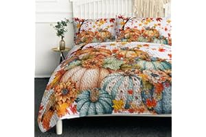 BlessLiving Fall Pattern Quilt Sets with 2 Pillowcases (Pumpkin Flower, King)