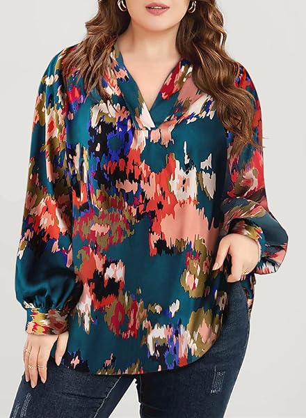 EYTINO WOMENS PLUS SIZE BOHO ABSTRACT PRINTED V NECK LANTERN LONG SLEEVE TOPS LOOSE BLOUSES SHIRTS,2X GREEN