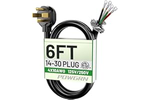 POWGRN 30 Amp 4 Prong Dryer Cord 6 FT Black, 10/4 Gauge Appliance Dryer Power Cord NEMA 14-30P to 4-Wire, Pure Copper Wire, ETL Listed