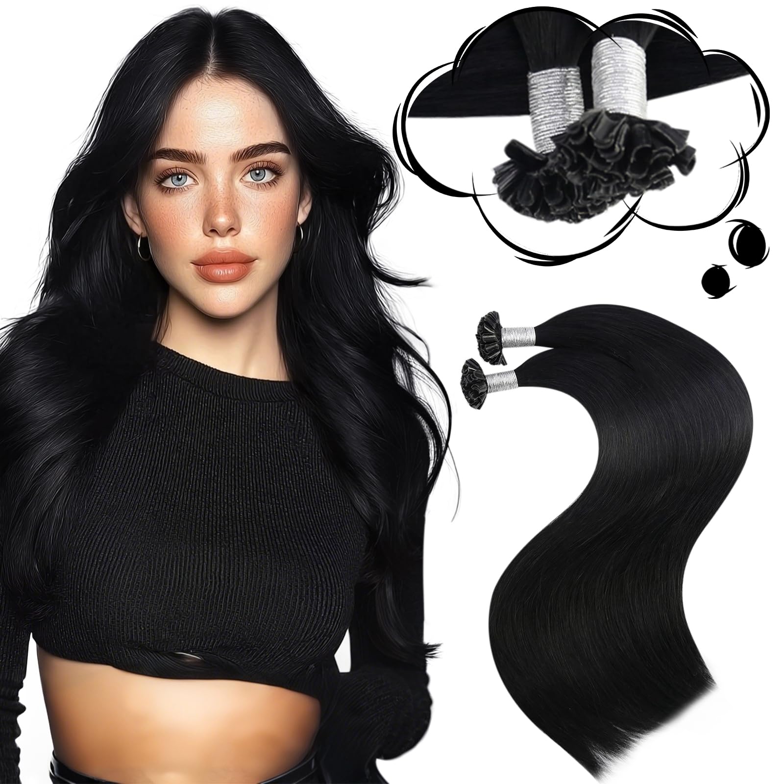 Moresoo Pre Bonded Hair Extensions Jet Black 24 Inch Keratin Bond Hair Extensions U Tip Black Real Remy Human Hair Straight 50s/50g/Pack #1 — image 1