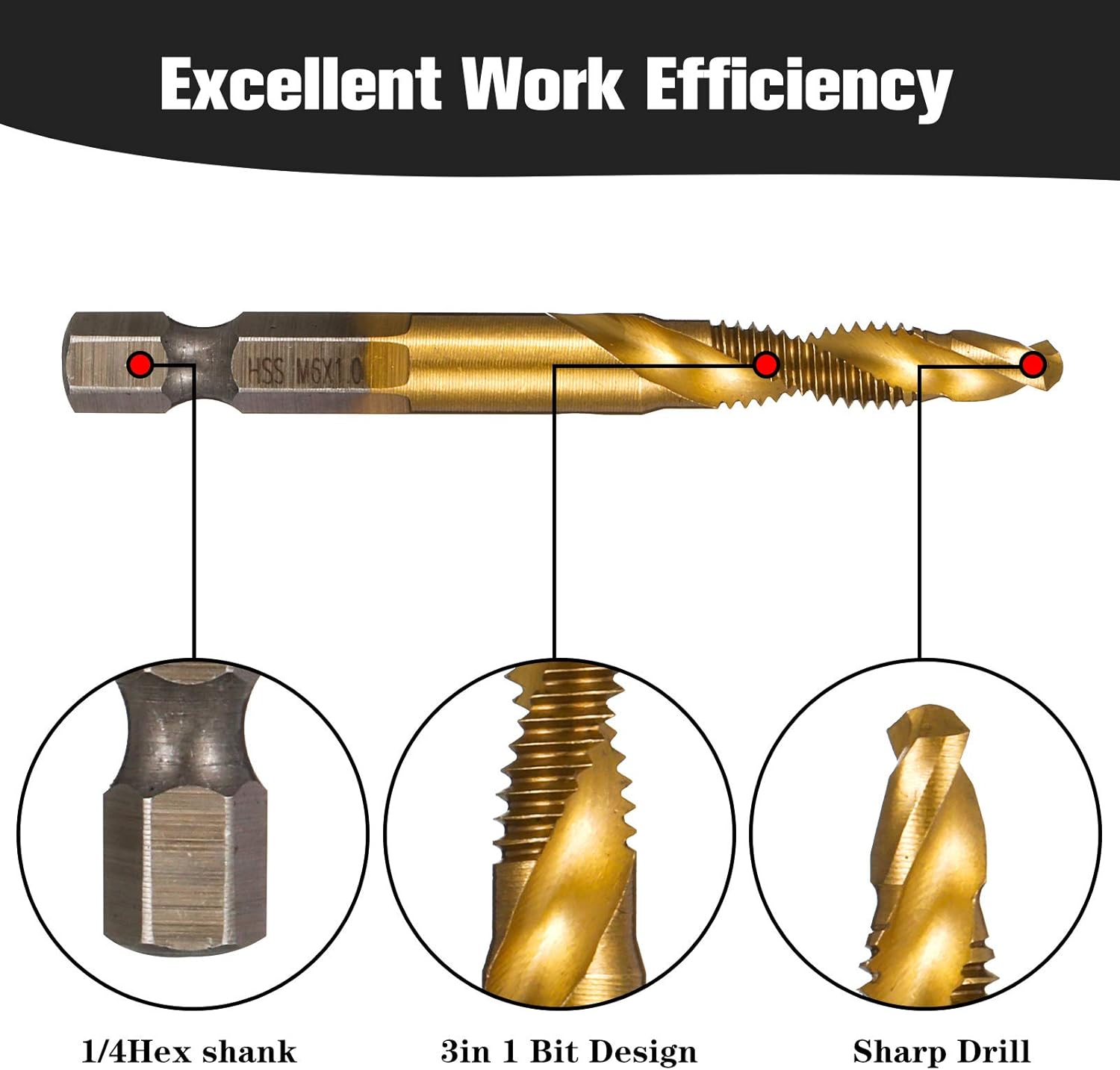 Girls'Love Talk 6PCS Thread Tap Drill Bit Set Hand Tap Hex Shank Drill Titanium Coated HSS Drill and Tap Bits 1/4" Hex Shank Screw Spiral Point Metric M3-M10 Hand Tools - Image 4