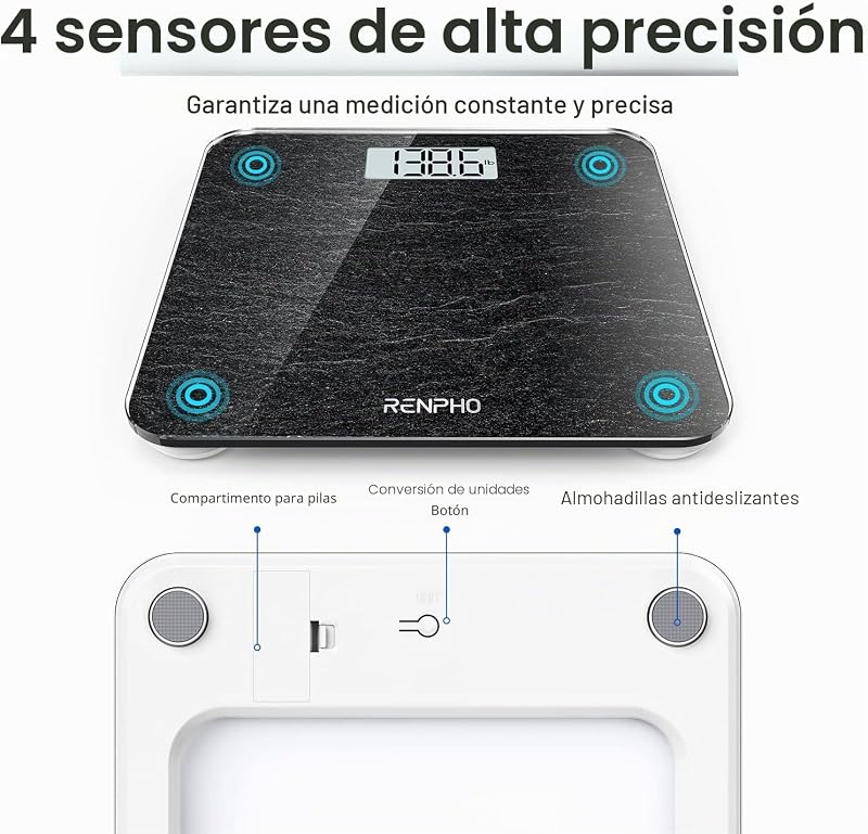 Balança de banheiro renpho com sensores de alta precisão, balança digital para pessoas com tecnologia step-on, balança de vidro de segurança, mármore
