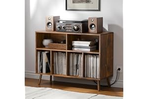 Cozy Castle Record Player Stand with Vinyl Storage Cabinet, Wood Turntable Table Open Shelf Holder Up to 350 Albums Cube Storage Organizer for Living Room, Office, Rustic Brown