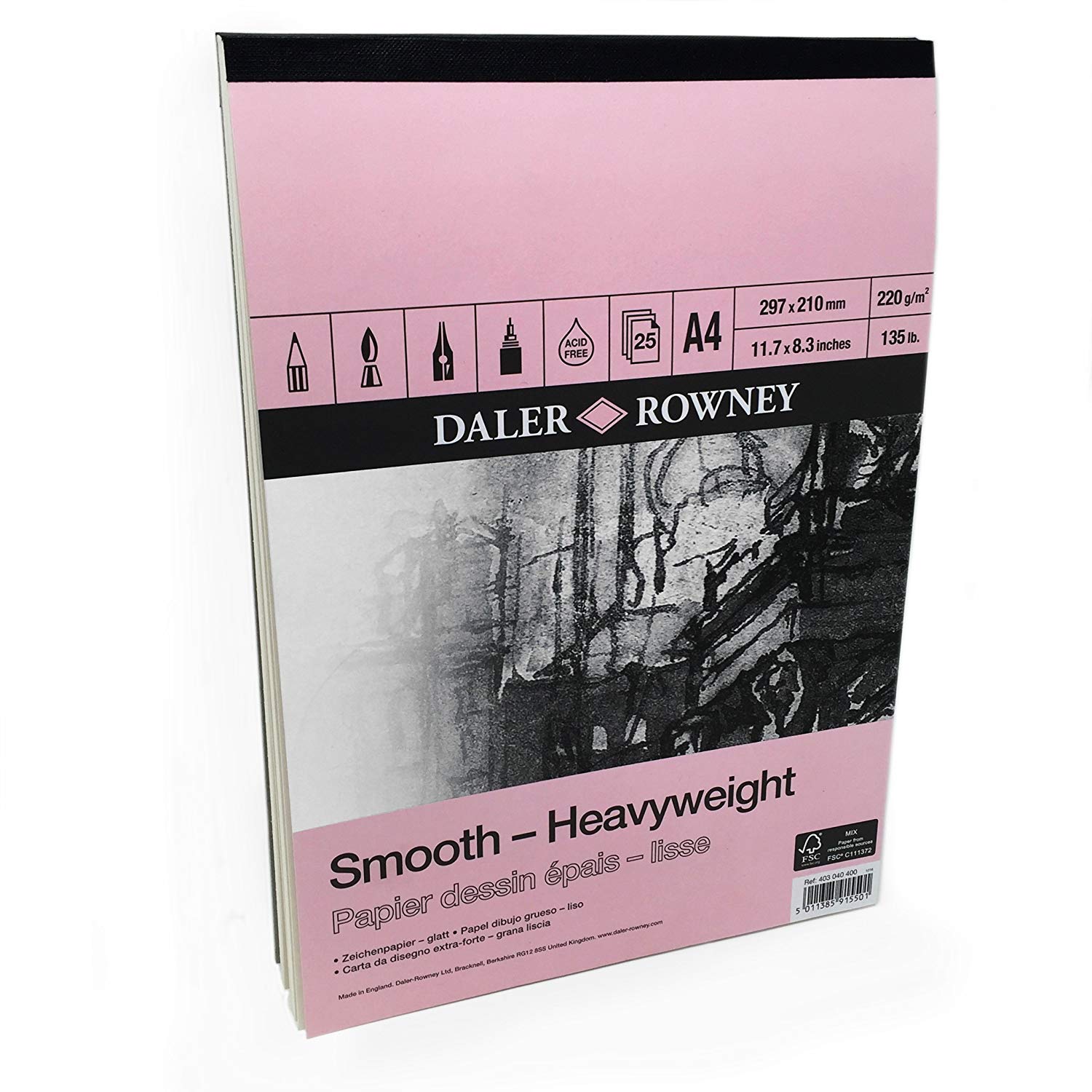Daler Rowney – Smooth Heavyweight Sketchbook – 220gsm – 25 Pages – A4 Portrait – Made in England