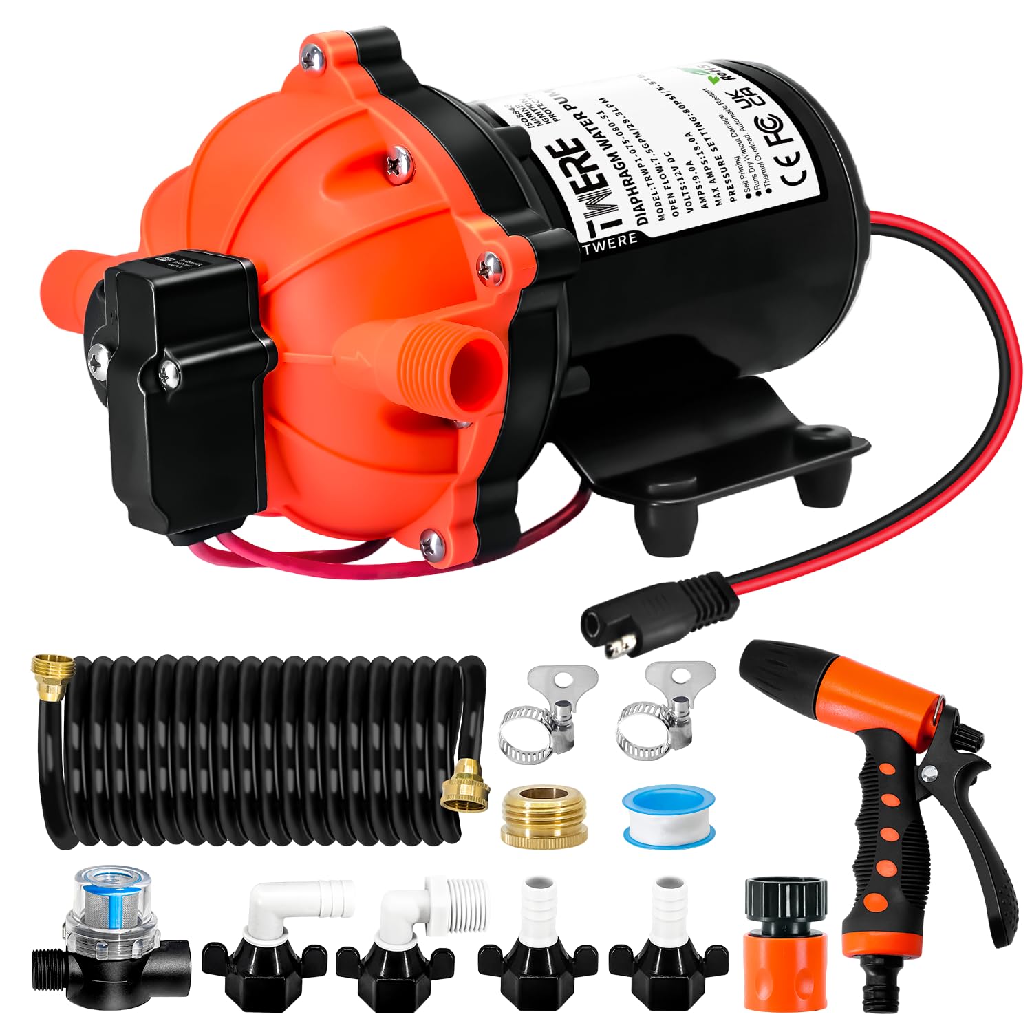 Photo 1 of 7.5 GPM 80 PSI Washdown Deck Wash Pump Kit, 12V Washdown Pump Kit with Strainer and Pressure Switch for RV,Boat,Sprayer,Travel Trailers,and Yacht -Freshwater Saltwater