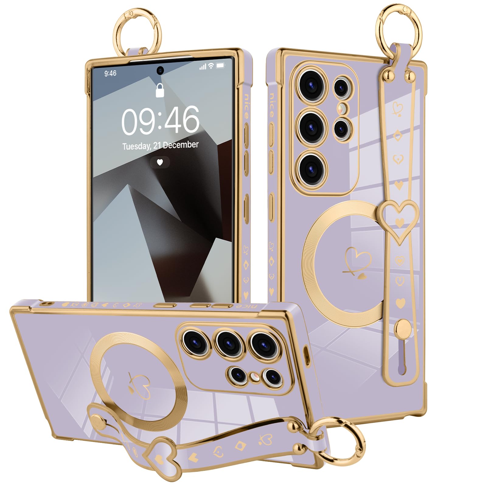 MOWIME Magnetic for Samsung Galaxy S25 Ultra Case with Wrist Strap for Women Girls, Cute Love Heart Pattern, Bling Plating Adjustable Wristband Kickstand Shockproof Protective Case - Purple